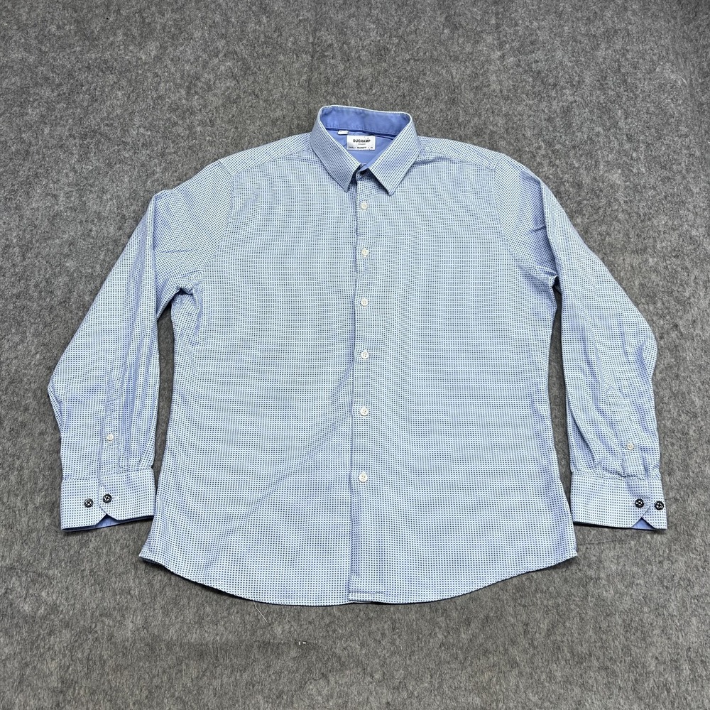 Duchamp Shirt Mens 17.5 44 XL Blue Geometric Slim Cotton Stretch Dress Career